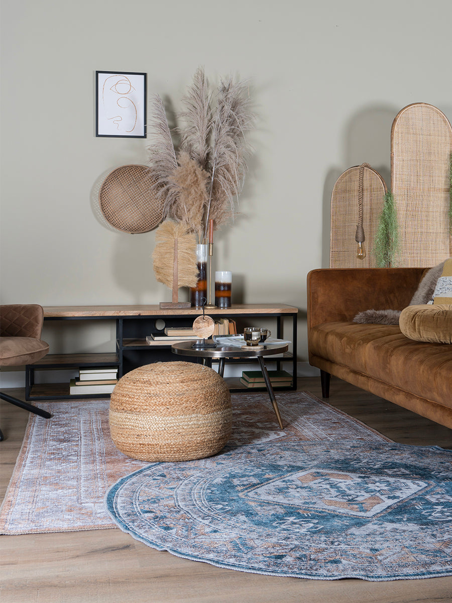 Rond vloerkleed met blauw-beige vintage geometrisch patroon, ø120 cm