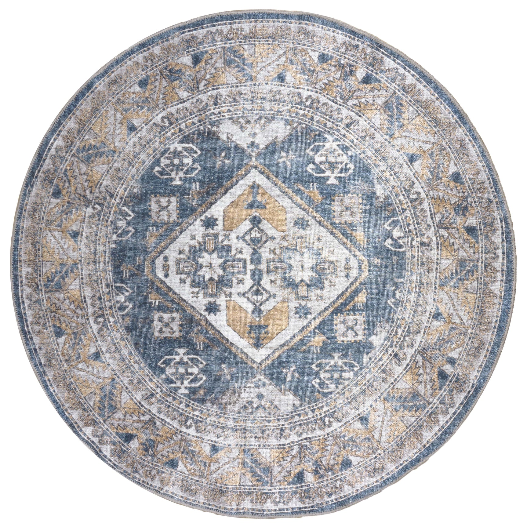 Rond vloerkleed met blauw-beige geometrisch patroon en randen, ø120 cm