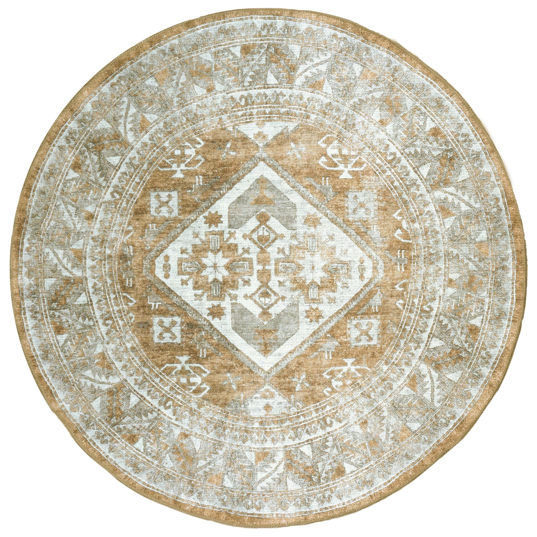 Rond vloerkleed met beige basis en bruin-wit geometrisch patroon, ronde rand