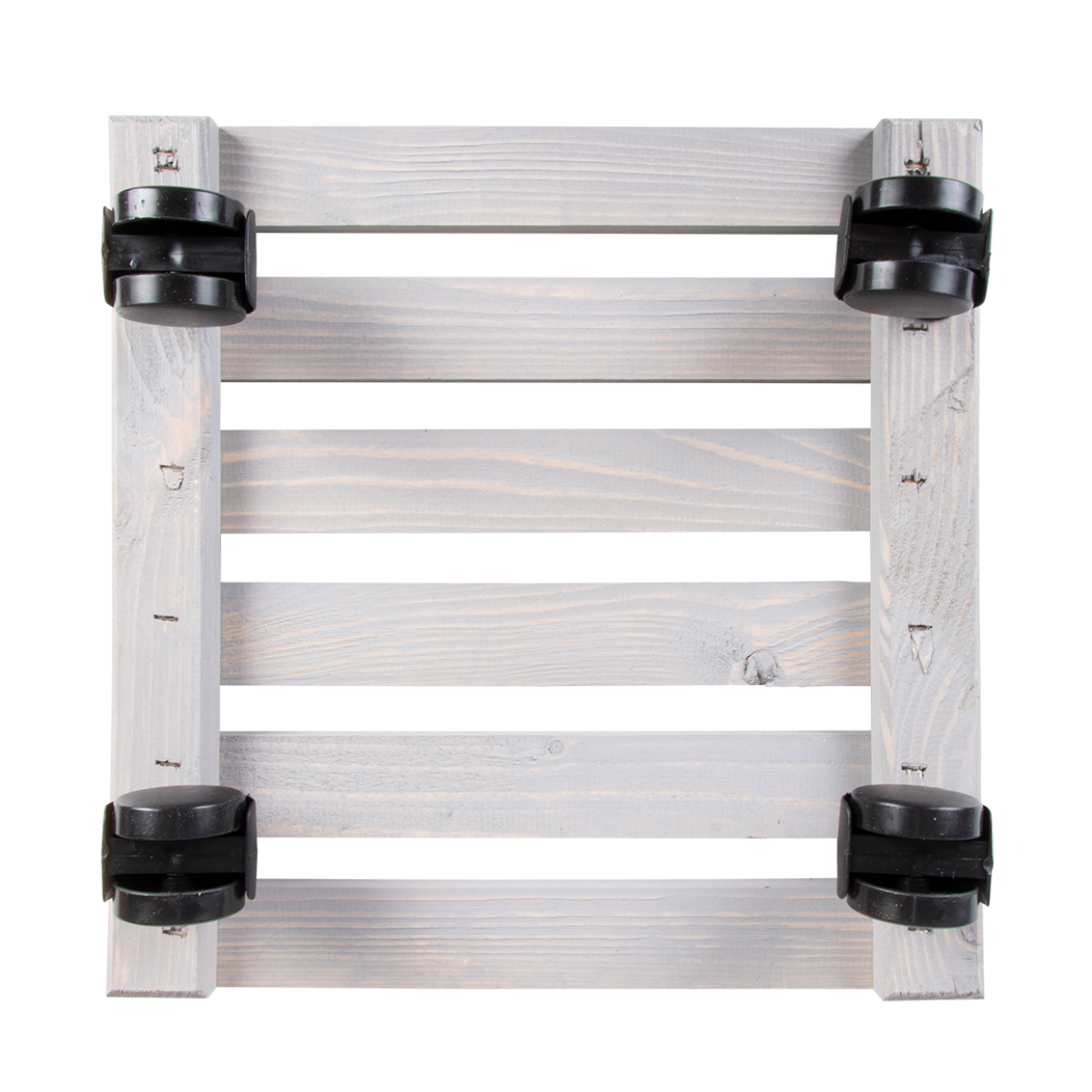 Houten plantentrolley frame met grijze latten en zwarte wielhouders