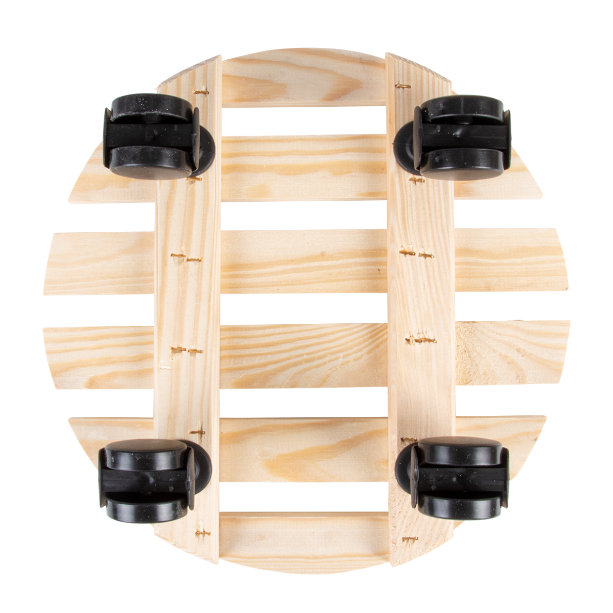 Ronde houten plantentrolley met open plankframe en vier zwarte zwenkwielen, frontaanzicht