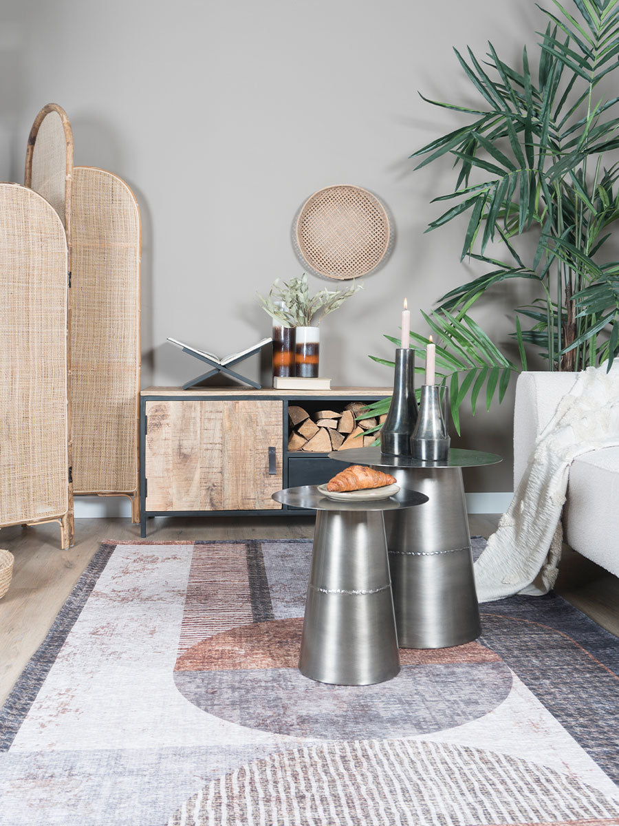 Vloerkleed met abstract patroon van rechthoeken en cirkels in beige en grijs