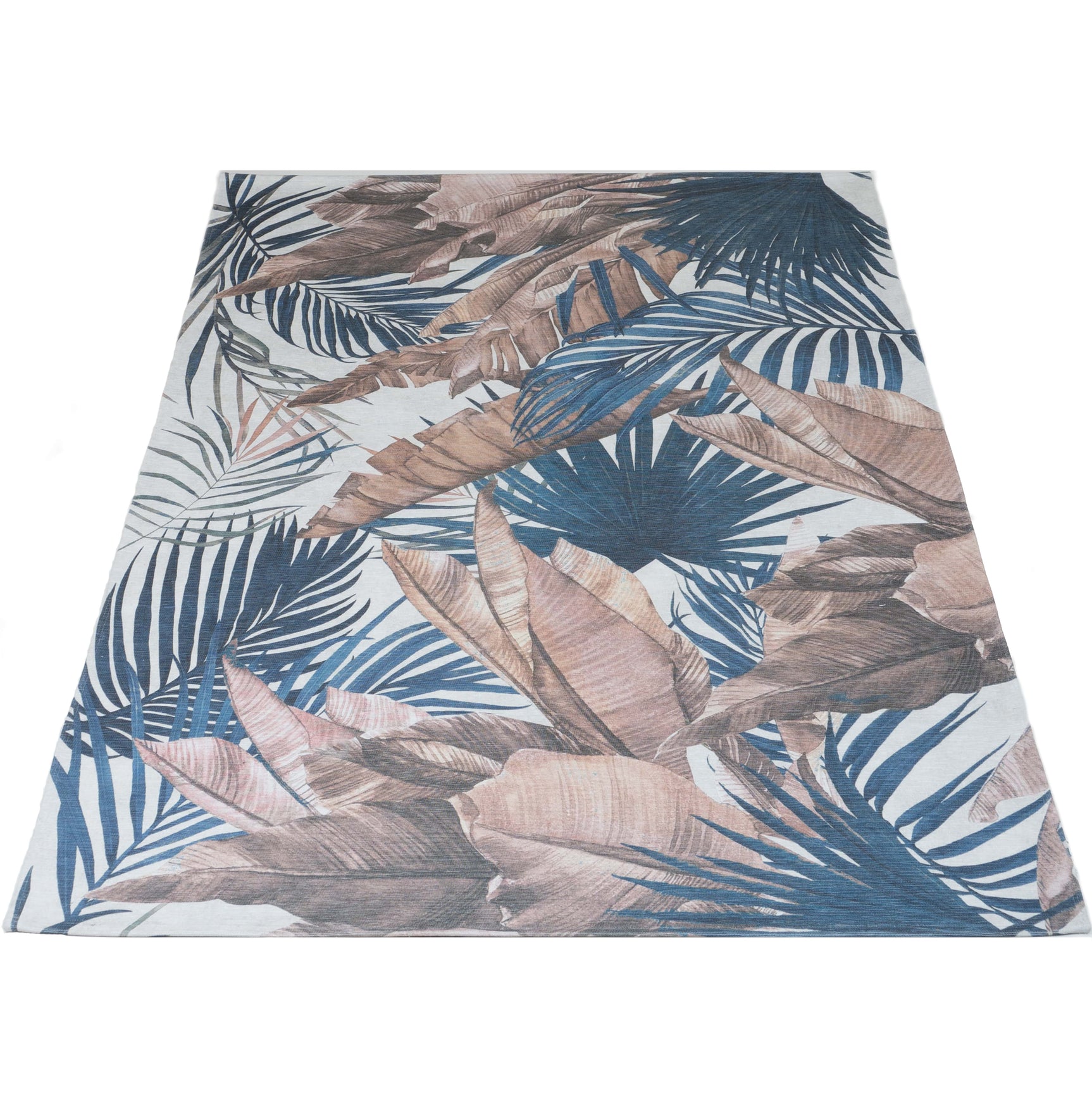 Vloerkleed met tropisch bladmotief in blauw en beige, rechthoekig