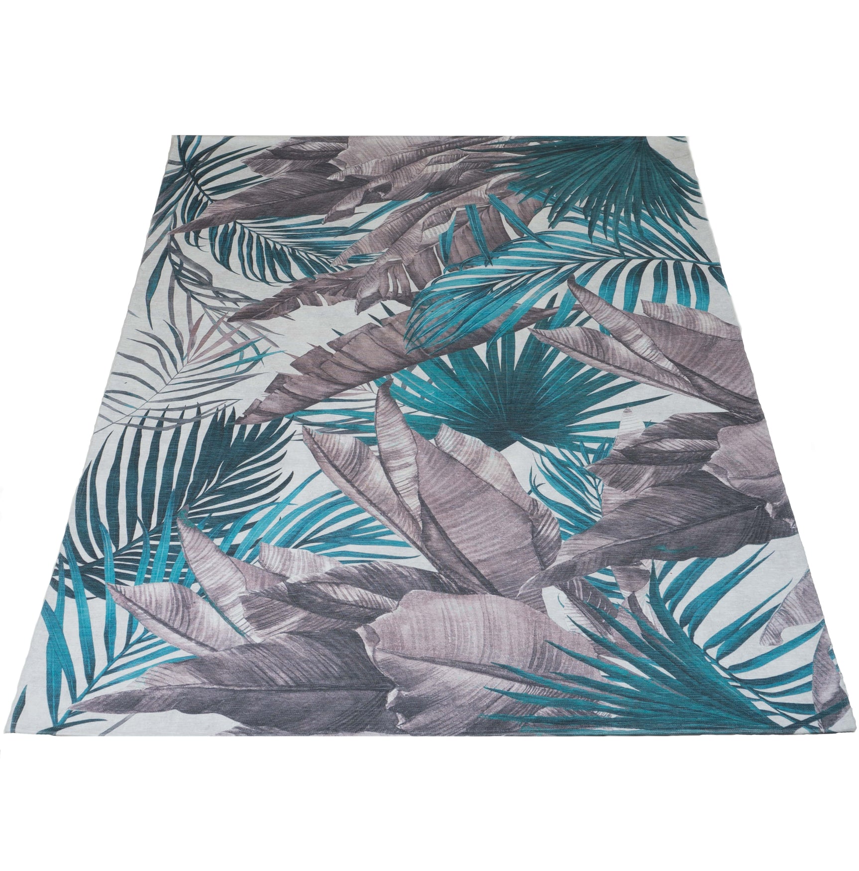 Vloerkleed met palmenmotief in teal, groen en grijs op lichte ondergrond