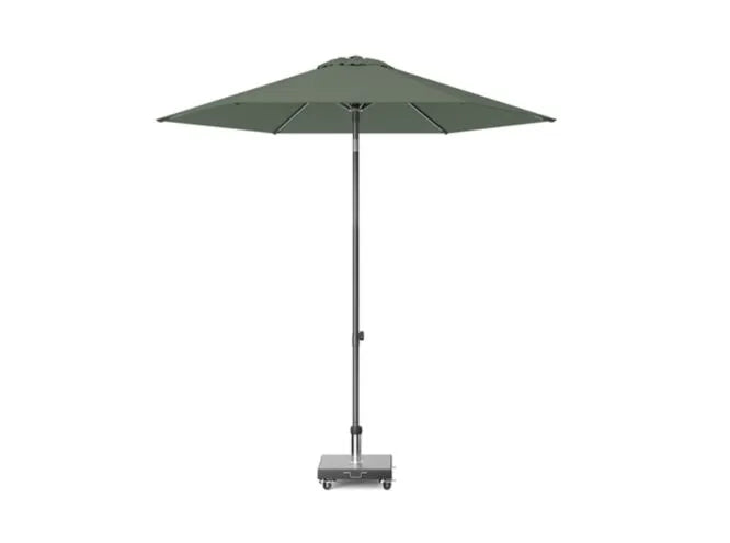 Olijfkleurige parasol met rond doek en metalen mast op voet
