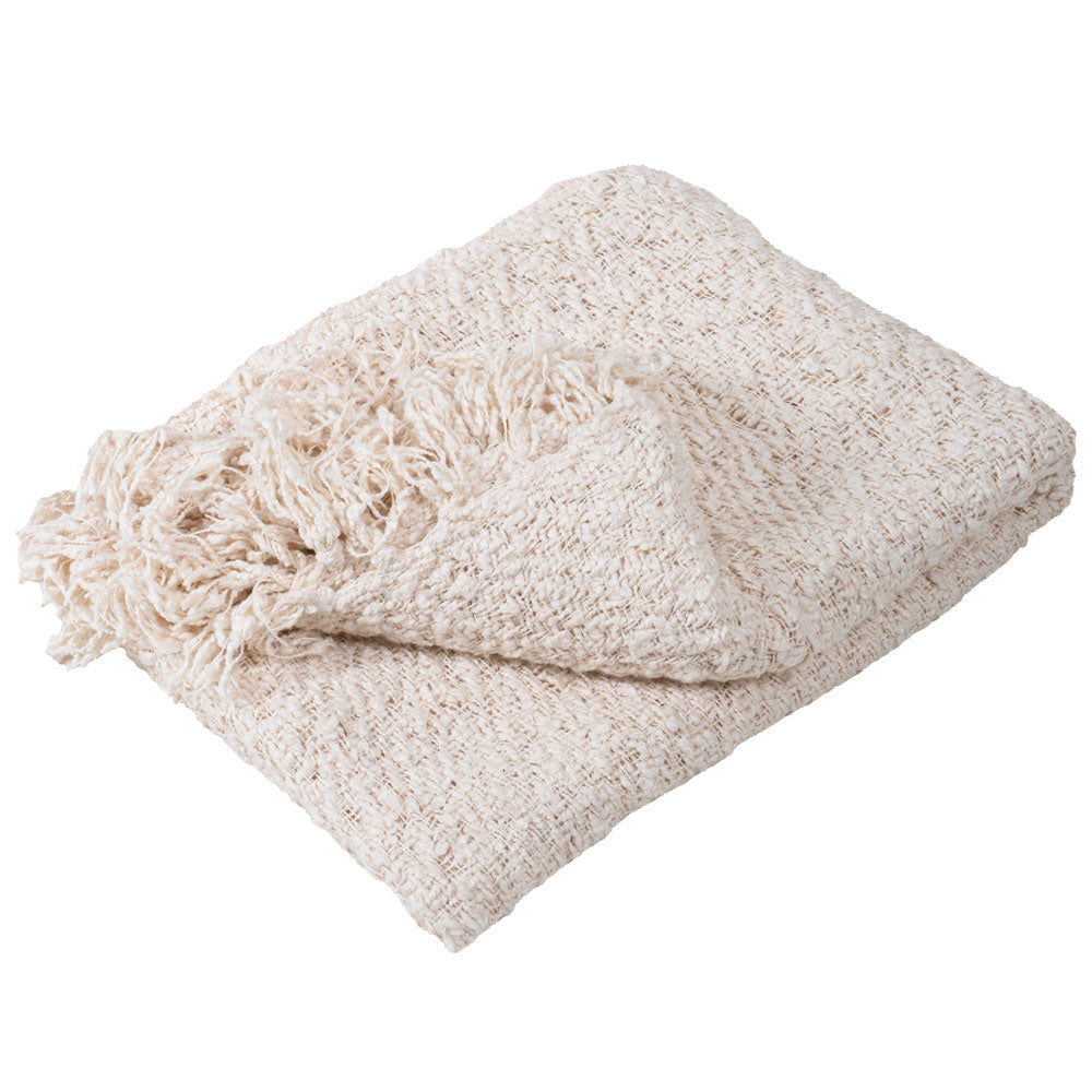 Plaid deken met franjes, lichtbeige textuurweefsel, opgevouwen