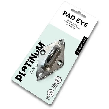 Platinum pad eye 8 mm: zilverkleurig metalen beugel met bevestigingsplaat en gaten