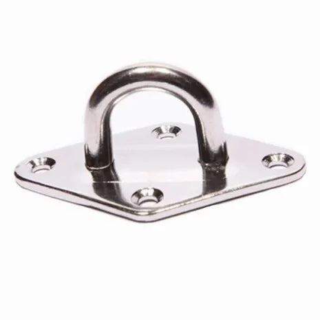 Pad eye 8 mm: zilverkleurige metalen beugel met platte montageplaat en schroefgaten