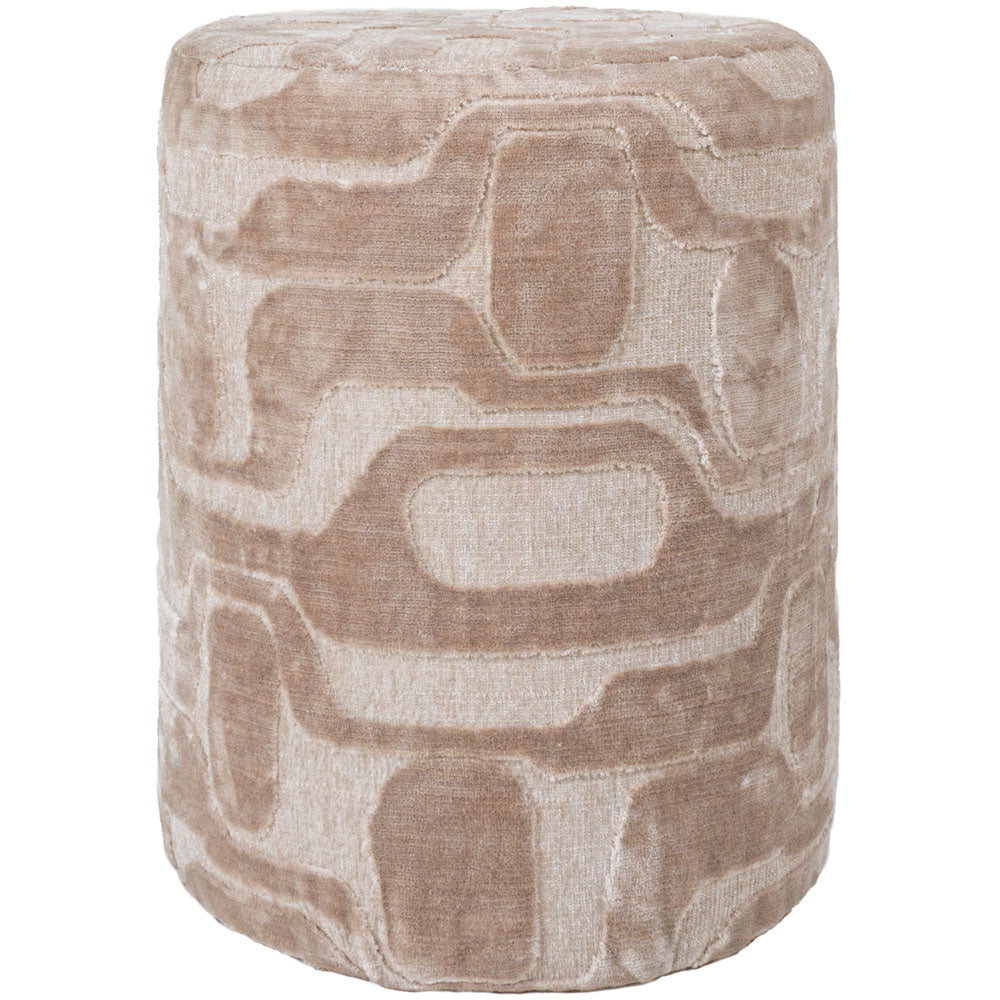 Beige cilindrische poef van structuurstof met geometrisch patroon
