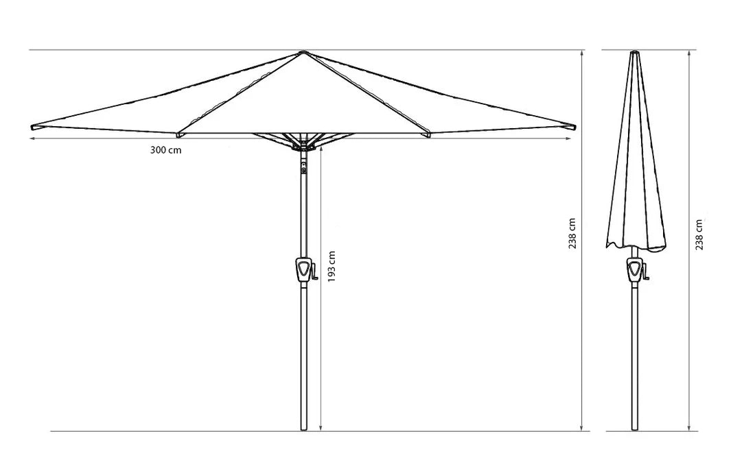 Parasolschema met afmetingen: diameter 300 cm en hoogte 250 cm