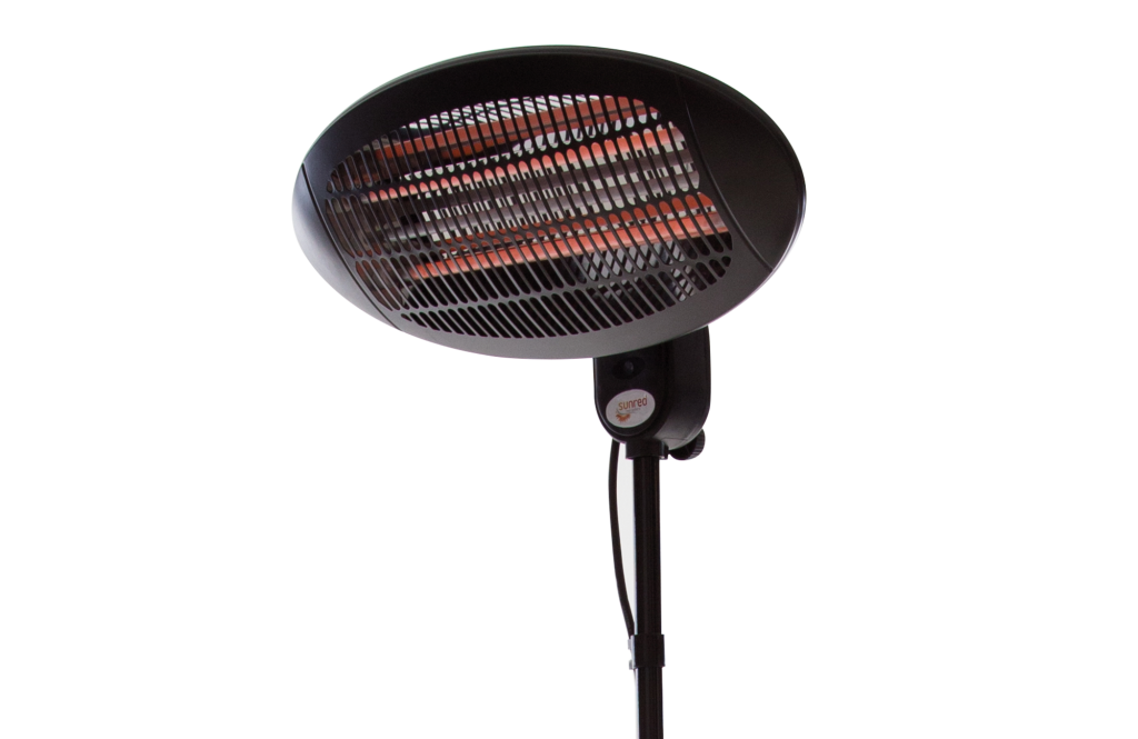 Staande elektrische heater met ronde ventilatorkap en beschermrooster, zwarte behuizing.