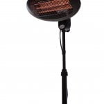Staande elektrische heater met ronde kap en bedieningsknop op de voet, zwart.