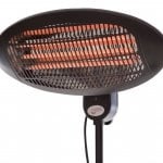 Staande elektrische heater, ronde voorrooster met rood/oranje gloeispiralen, zwart.