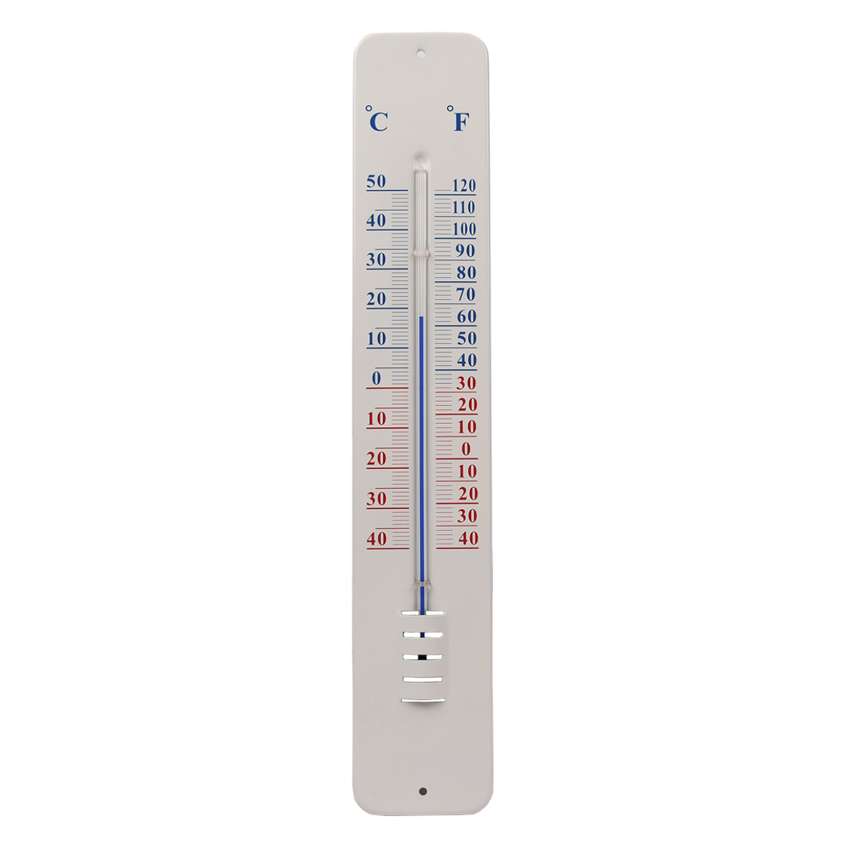 Wandthermometer op rechthoekige plaat, analoog met C- en F-schaal.