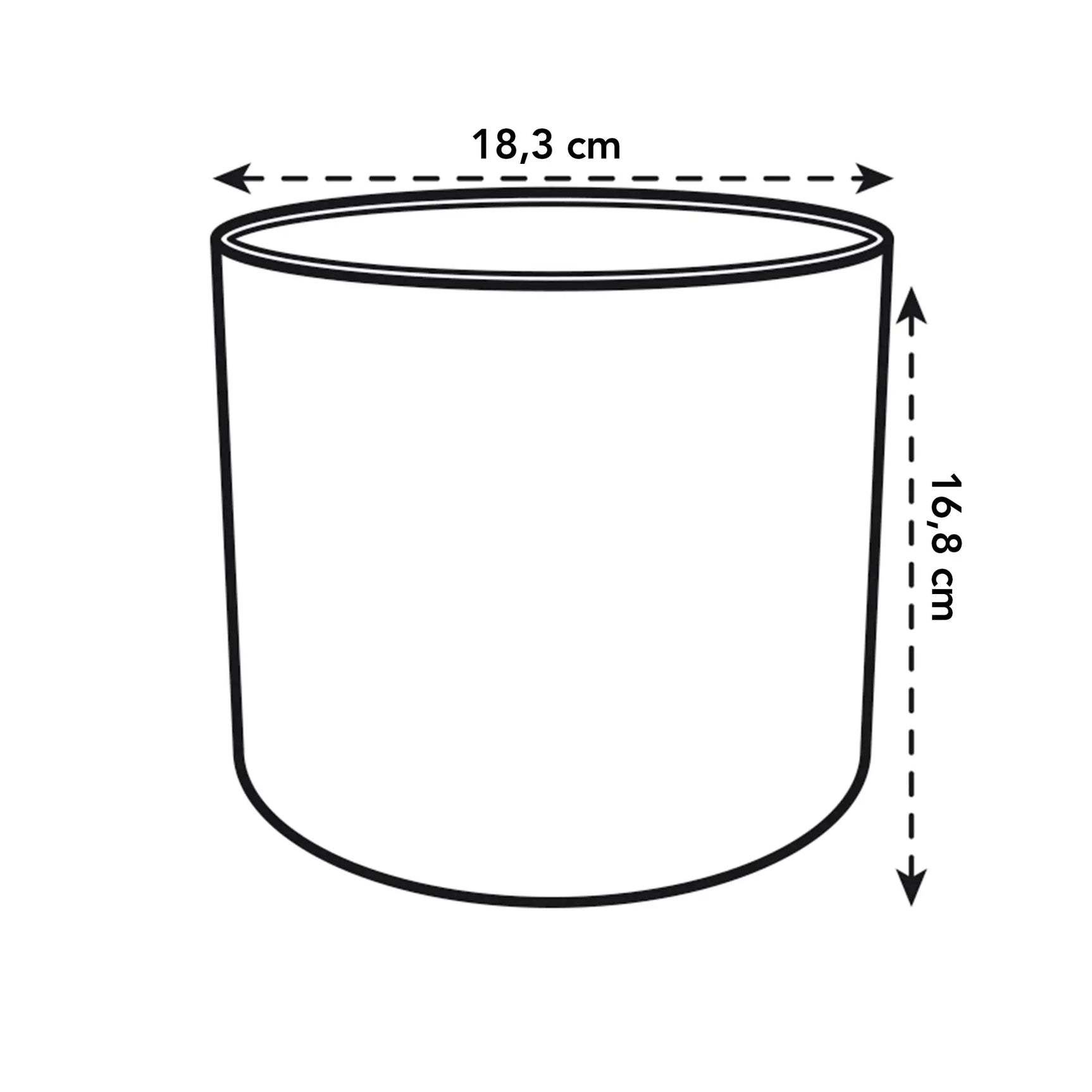 Ronde witte plantenpot-schets met maat 18,3 cm breed en 19,1 cm hoog