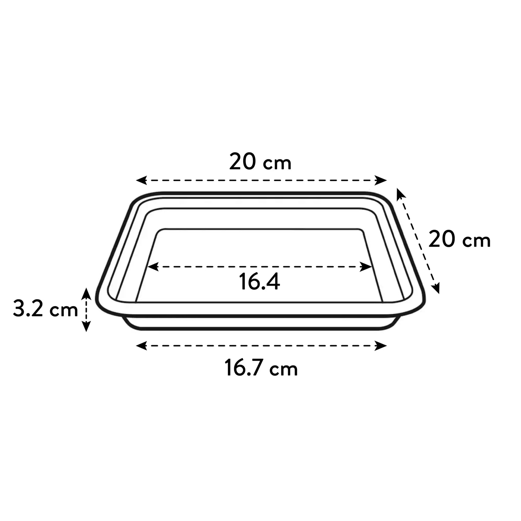 Vierkante schotelafmeting: 20 cm breed, 20 cm diep, 3,2 cm hoog
