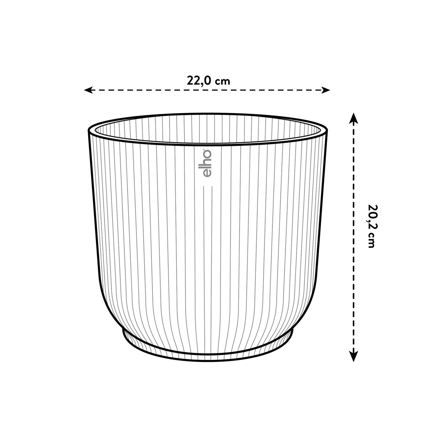 Schematische tekening van ronde pot: 22,0 cm breed en 20,2 cm hoog.