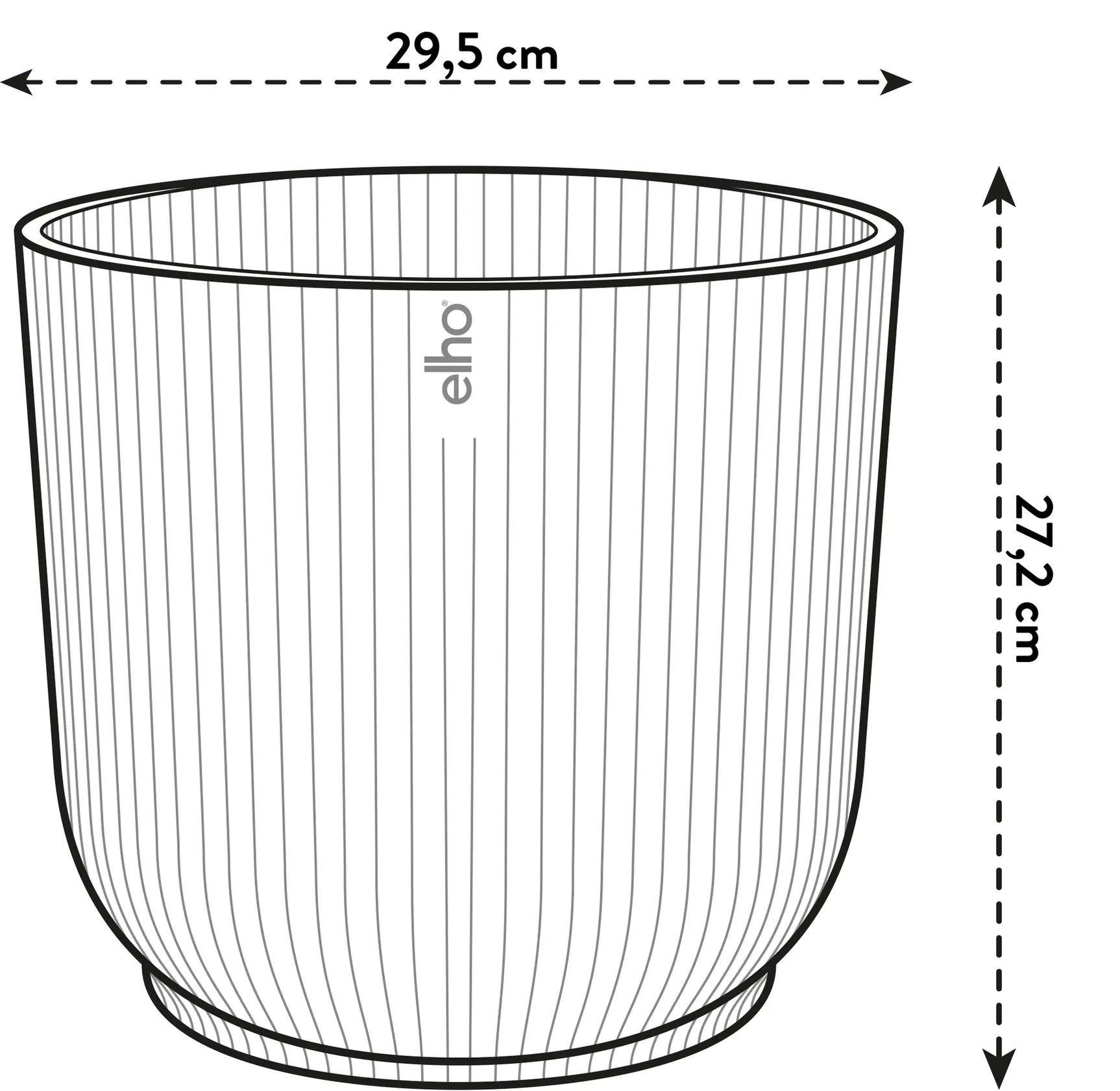Ronde Elho Vibes fold plantenpot: 29,5 cm breed en 27,2 cm hoog (tekening).