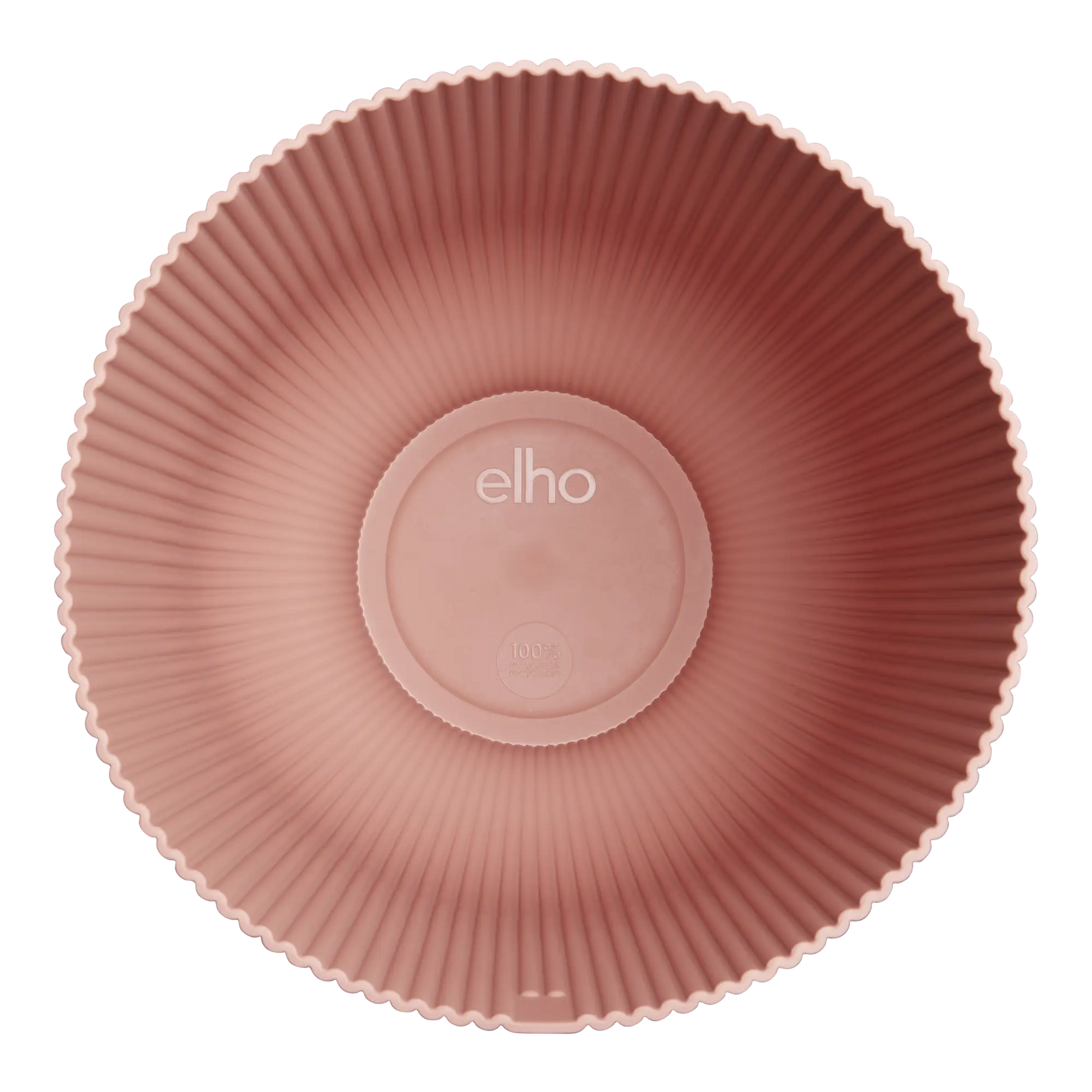 Elho bloempot bovenaanzicht met Elho-logo, delicate roze, geribde rand