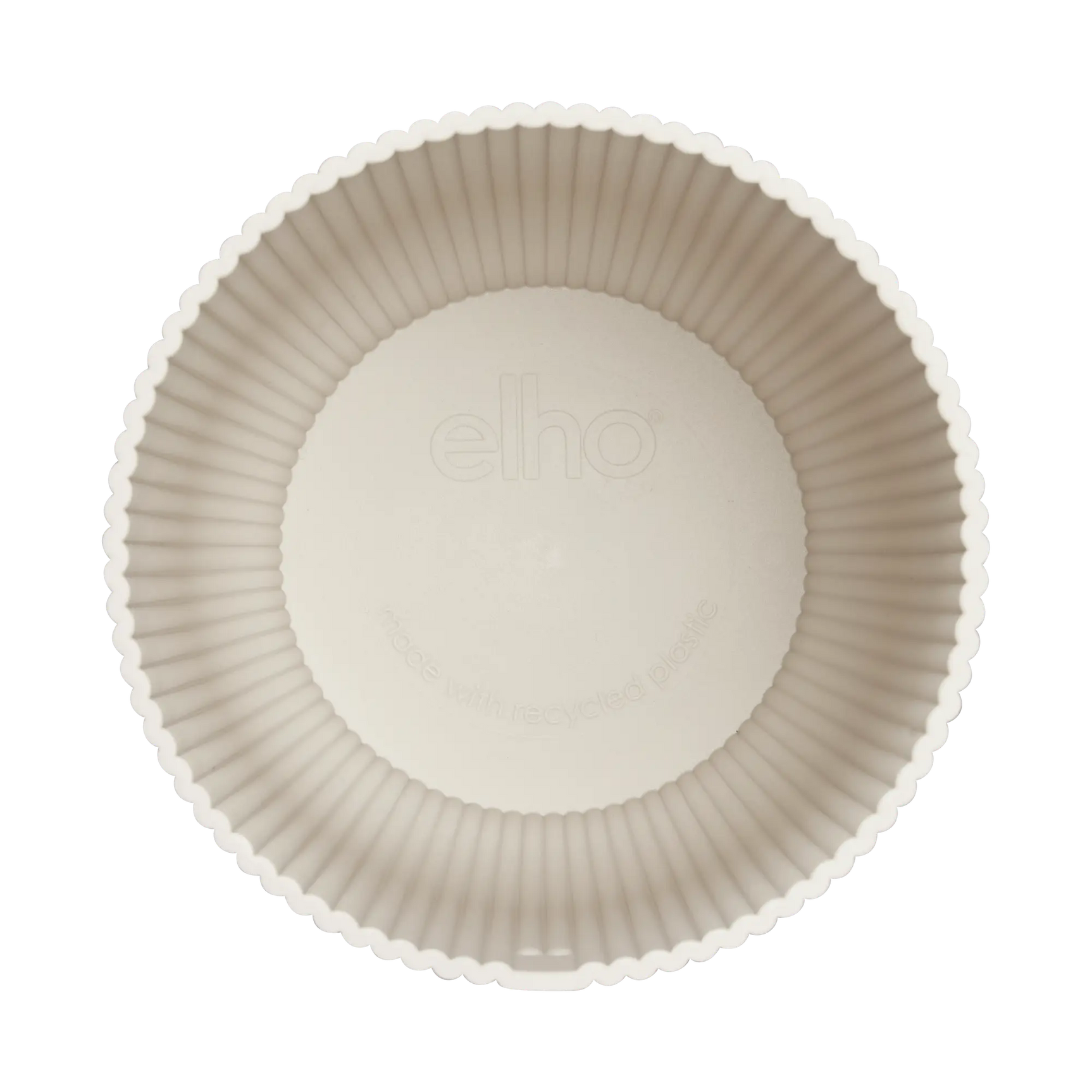 Witte ronde plantenpot met ribbelrand en ingedrukt elho-logo op de bodem