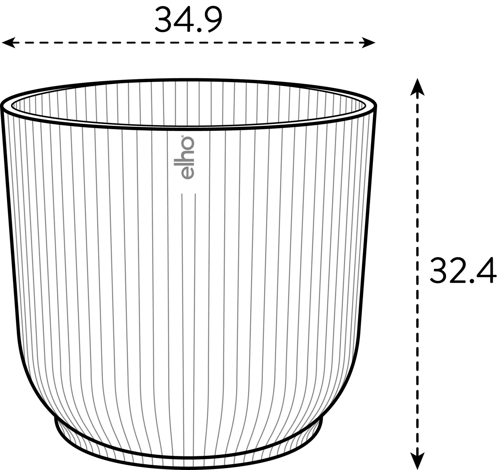 Witte ronde ribbelplantenpot met zwarte bovenrand en elho-logo