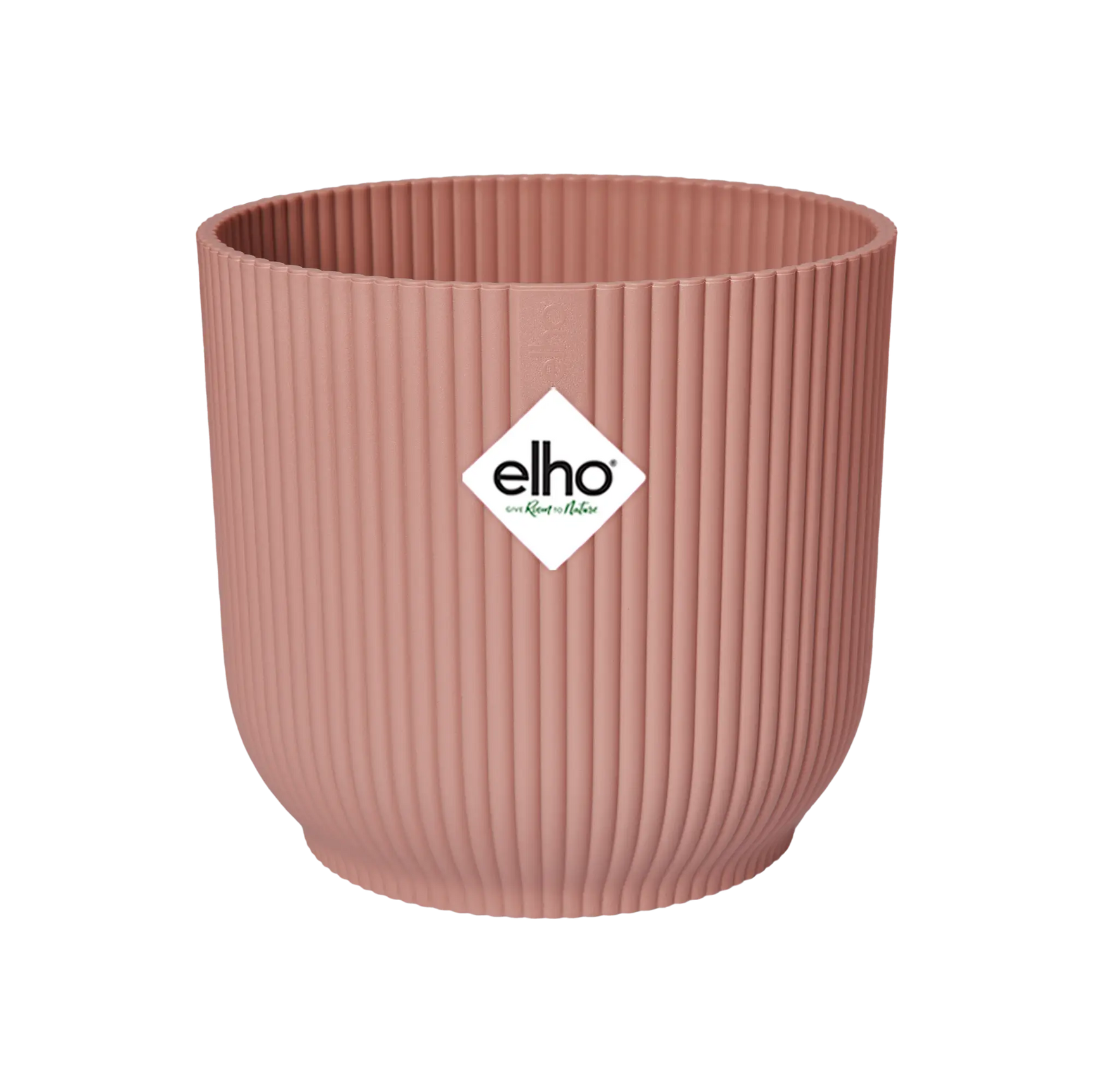 Ronde plantenpot in delicate roze met geribbelde wand en elho-logo.