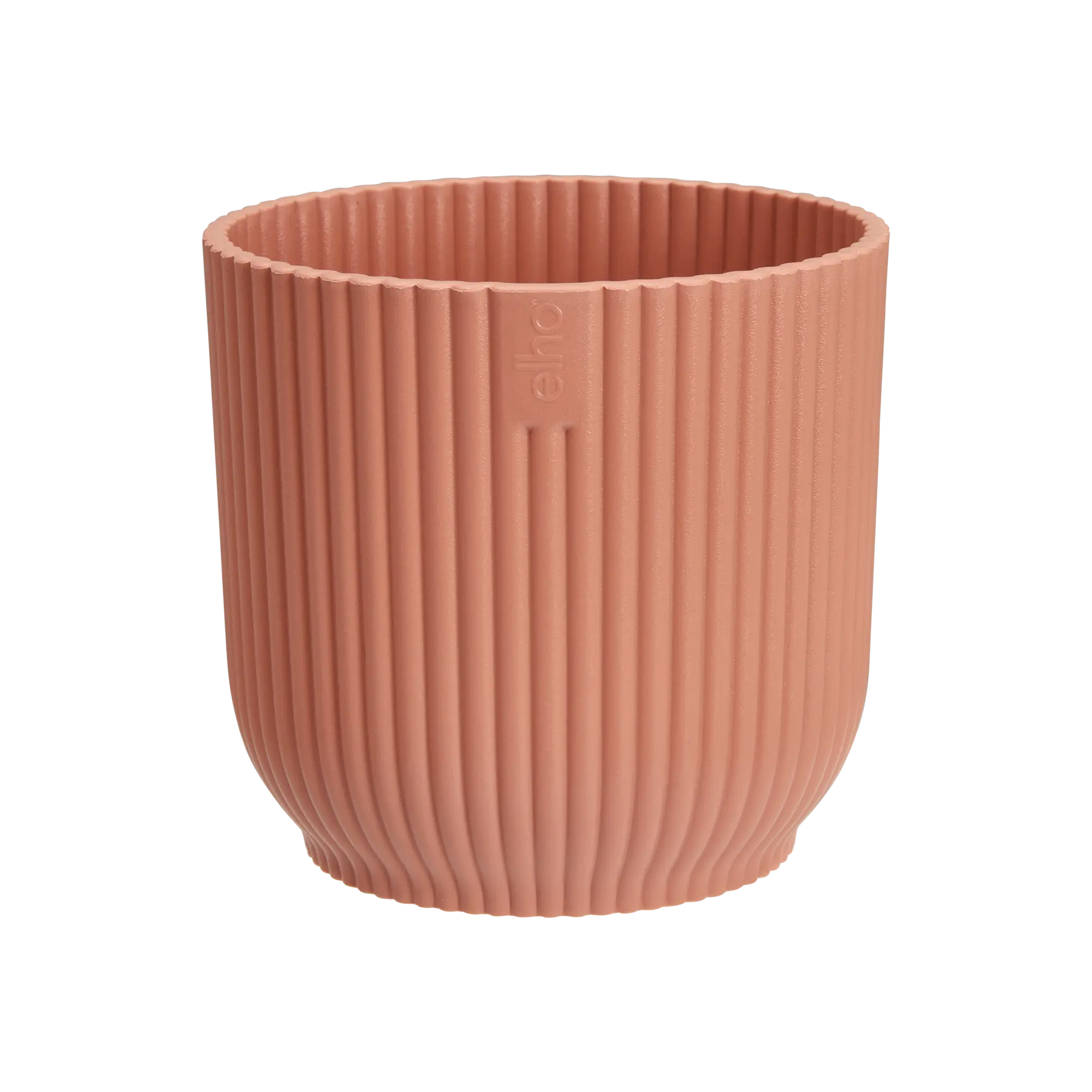 Ronde mini bloempot, delicate roze, ribbelstructuur en elho-logo op de rand.