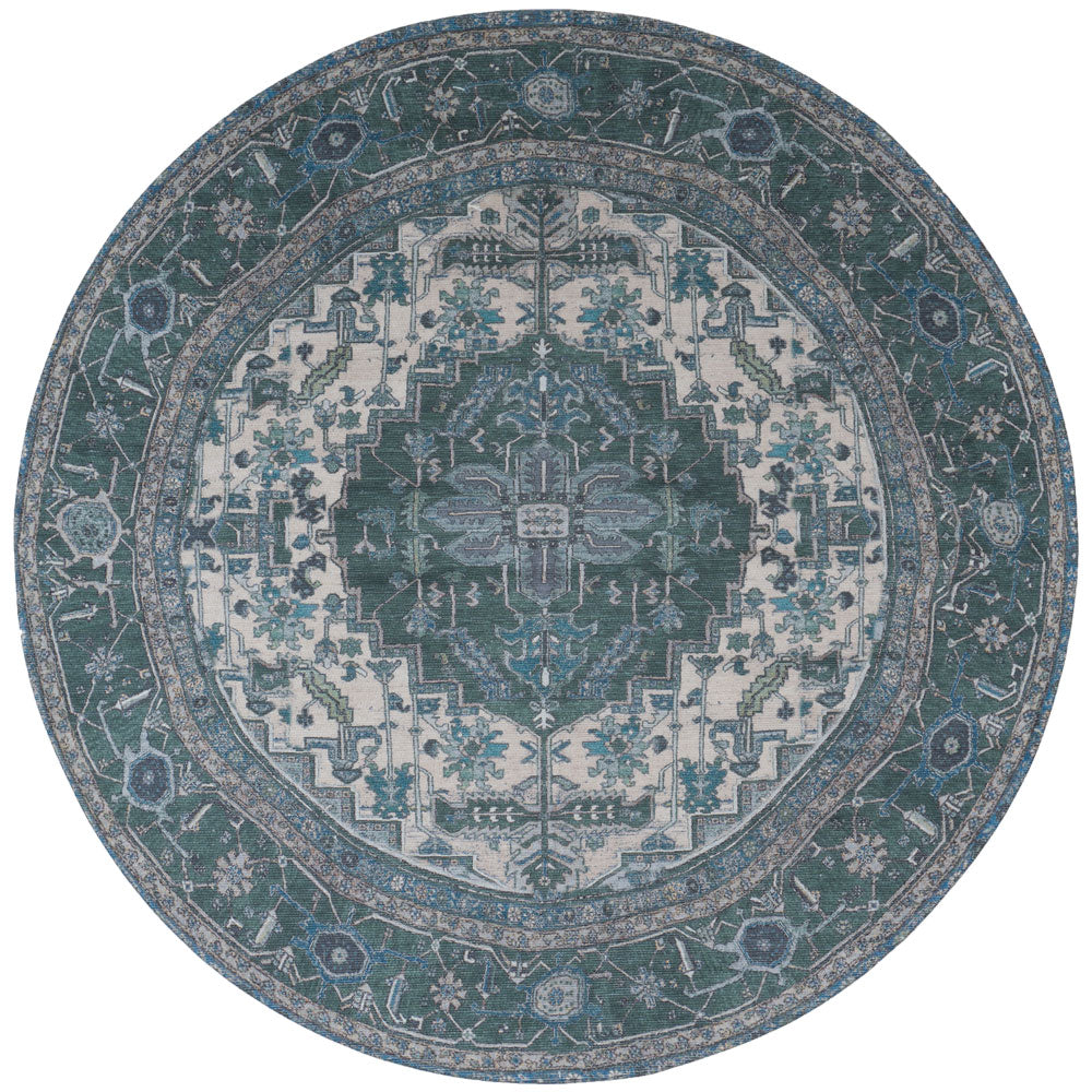Rond vloerkleed in donkergroen met blauwgrijze ornamenten en centraal medaillon