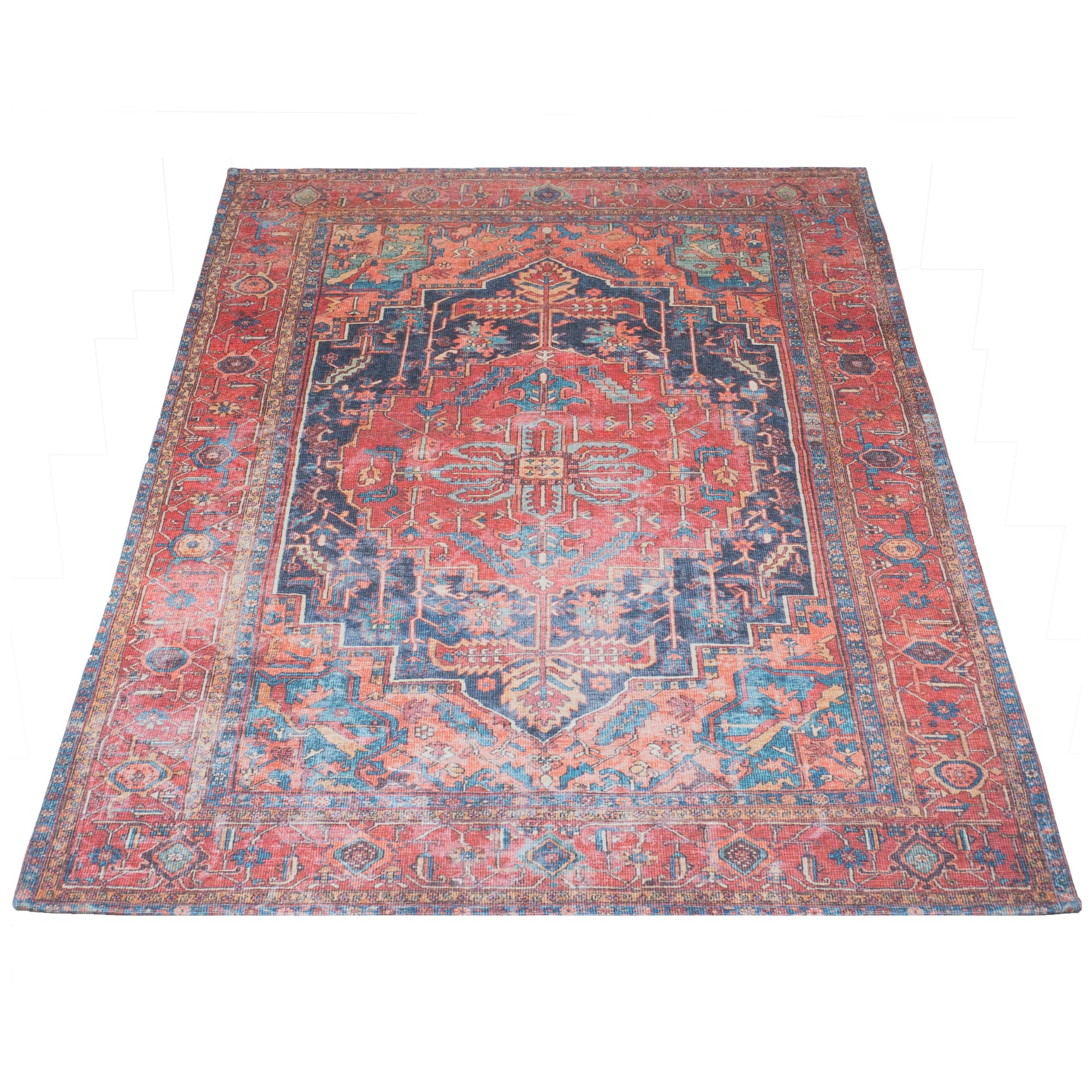 Rood vloerkleed met blauw en beige ornamenten, rechthoekig medaillon