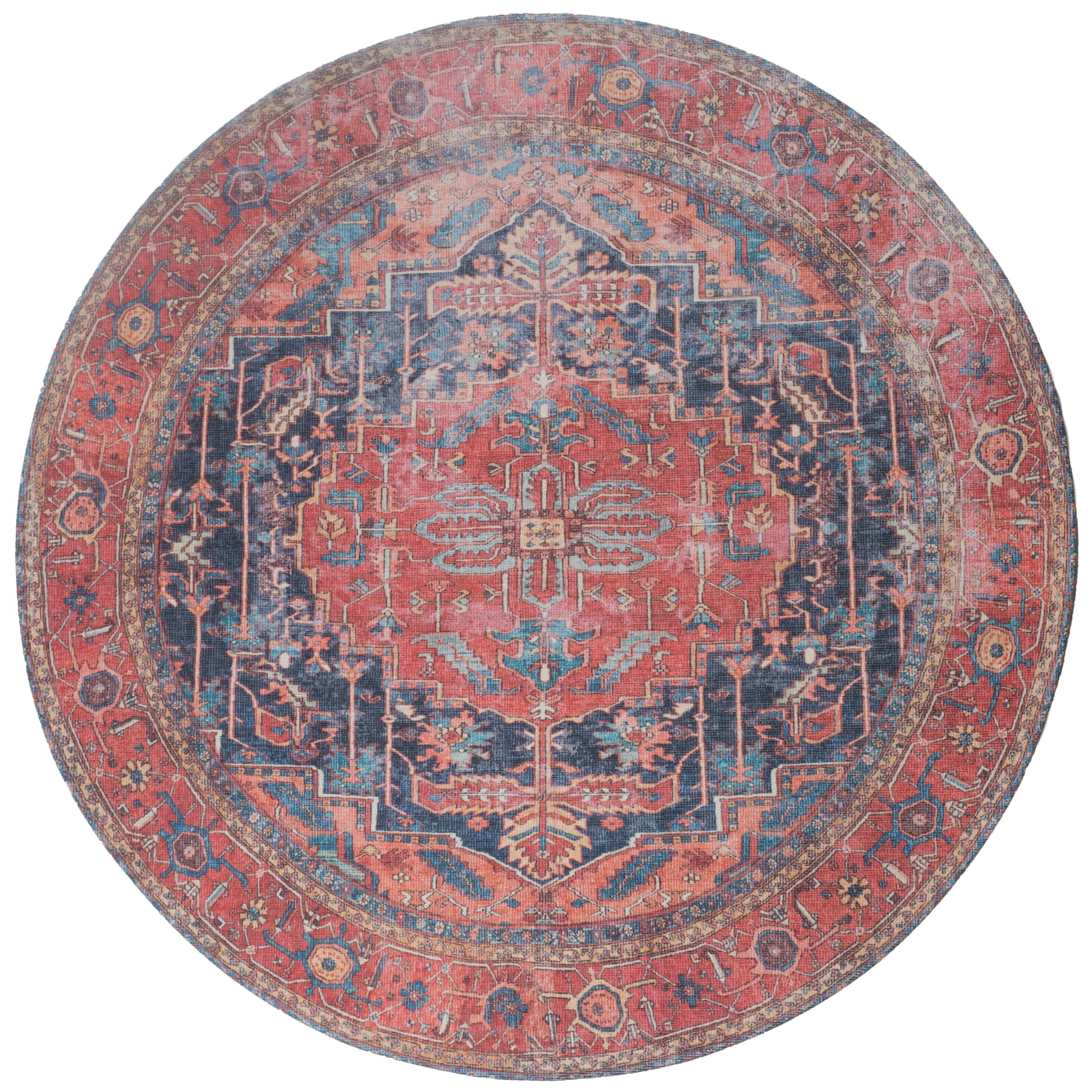 Rond vloerkleed met rood-blauwe ornamenten en sierlijke rand