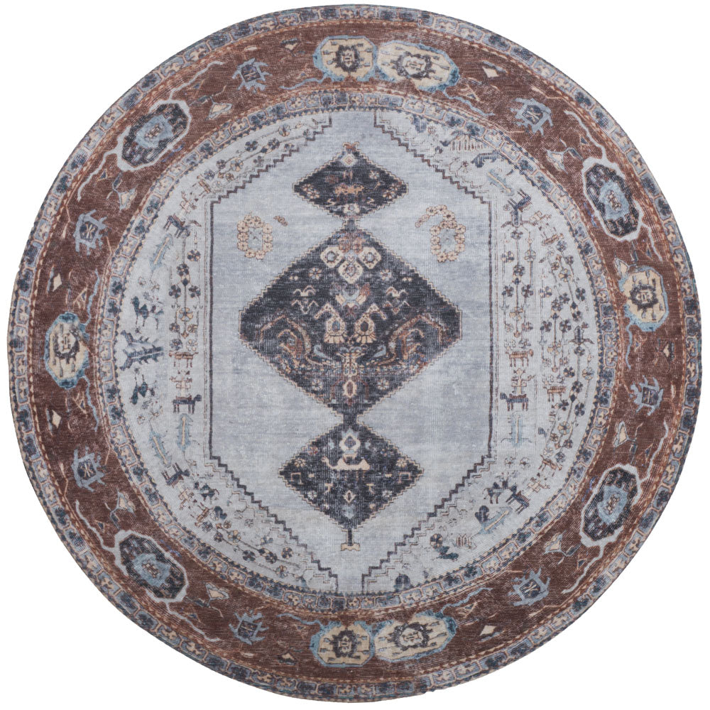 Rond vloerkleed met vintage medaillon, grijsbruin en beige, blauwe accenten, Ø200 cm.