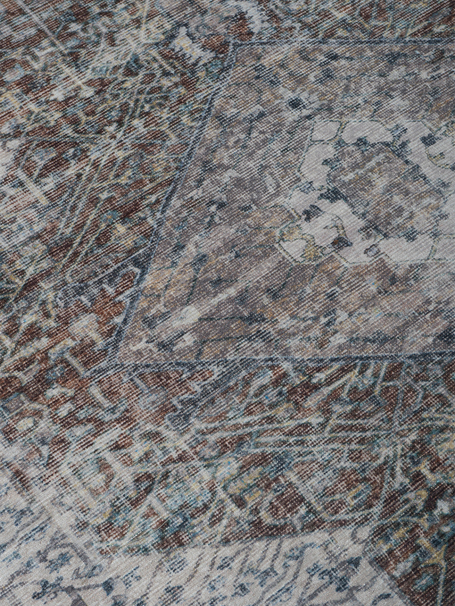 Rond vloerkleed Kordi close-up met blauwgrijs grafisch textuurpatroon