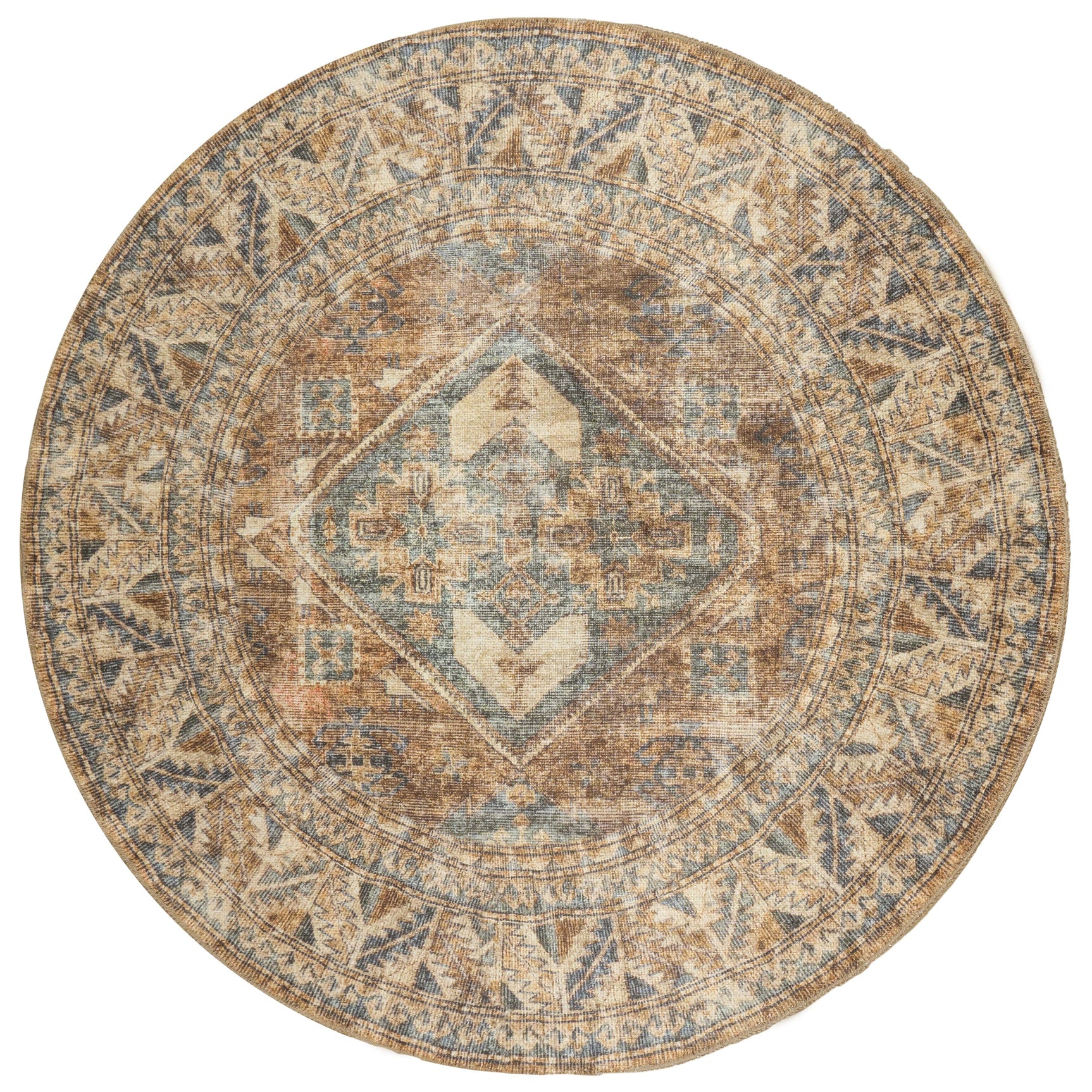 Rond vloerkleed met beige basis en blauw geometrisch dessin, ø120 cm