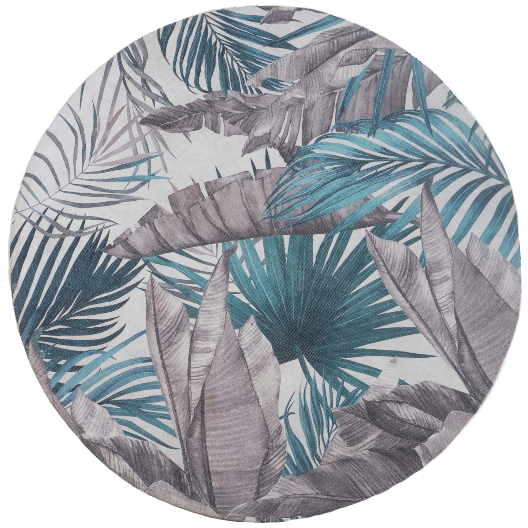 Rond vloerkleed met palmbladmotief in groen, blauw en grijs op licht ondergrond