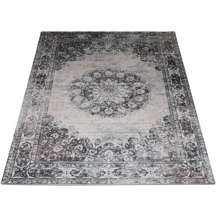 Antracietgrijs vloerkleed met vintage ornamenten en sierlijke rand, 70x200 cm