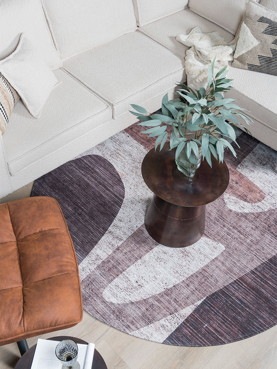 Rond vloerkleed met grote abstracte grijs-paarse en beige vlakken, ø120 cm