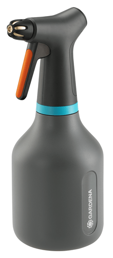 Gardena plantenspuit met trekker en spuitmond, donkergrijze fles met blauwe band