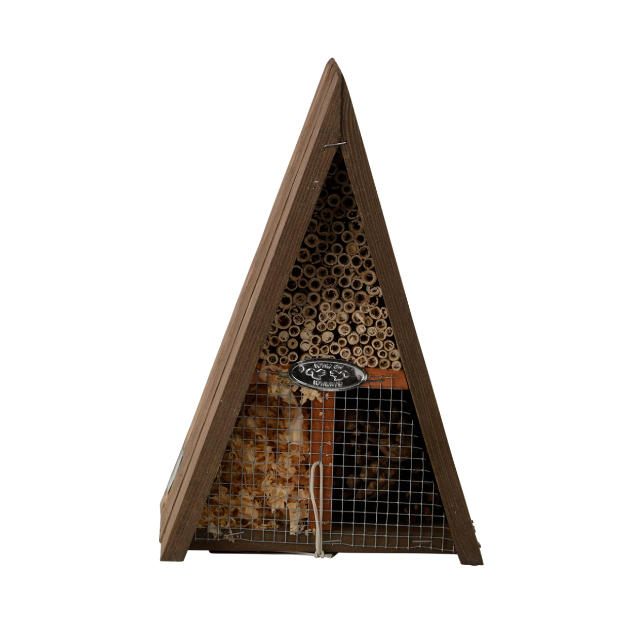 Driehoekig houten insectenhotel met frontpaneel, rietjes en gaasvakken