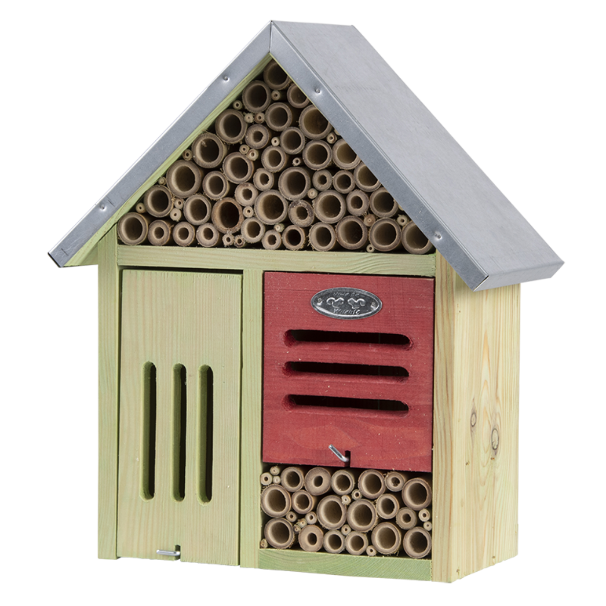 Esschert design insectenhotel met houten huis en buizen, rood frontpaneel