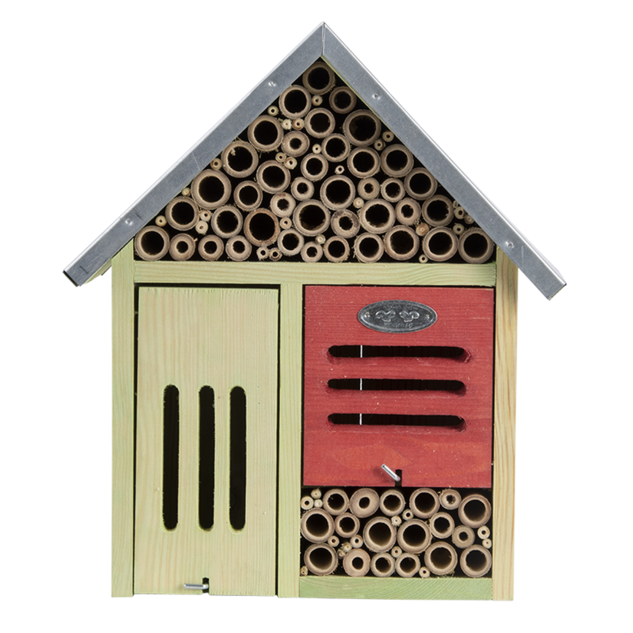 Insectenhotel met ronde insectenbuizen en rood frontpaneel