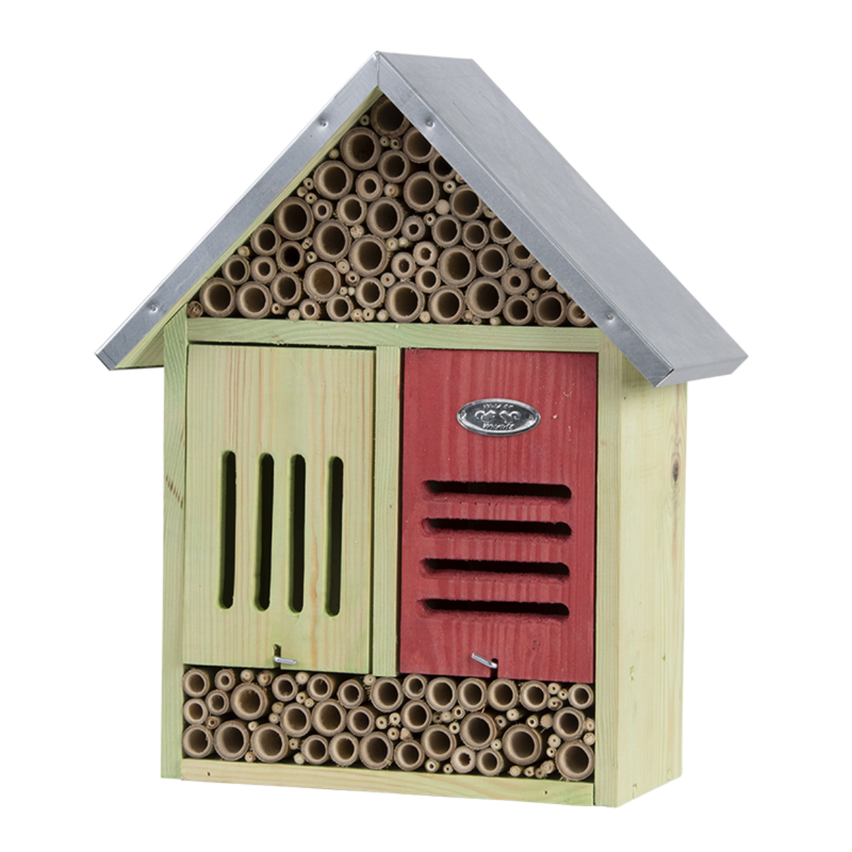 Insectenhotel XL met riet-buizen en grijs dak, front in rood en groen