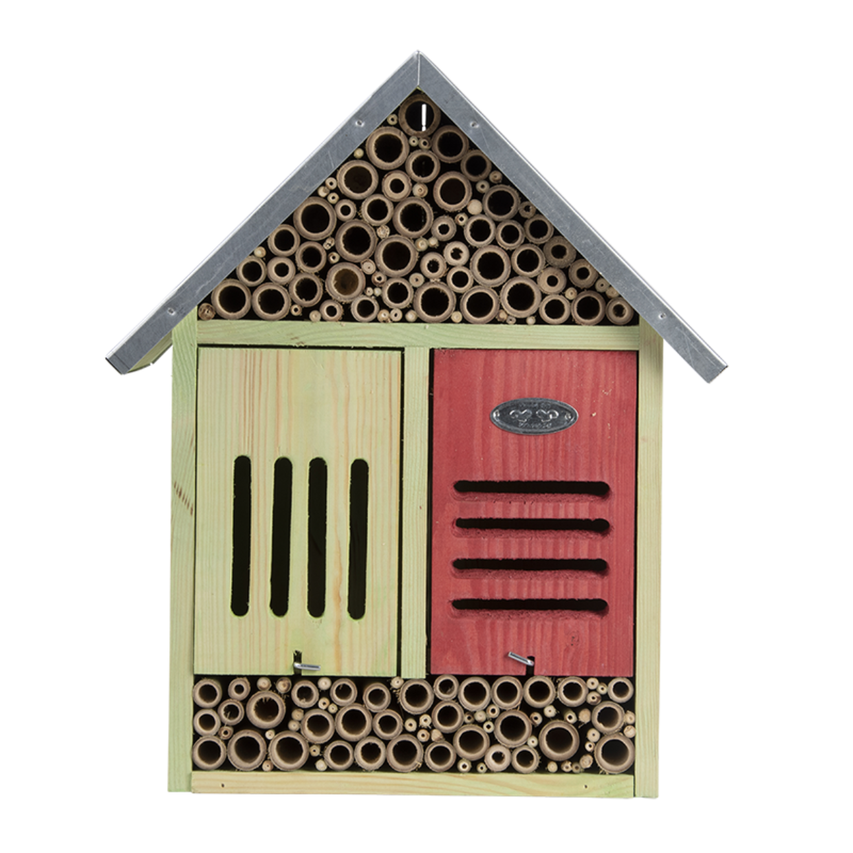 Insectenhotel XL met riet-buizen, rood/groen front en grijs schuin dak