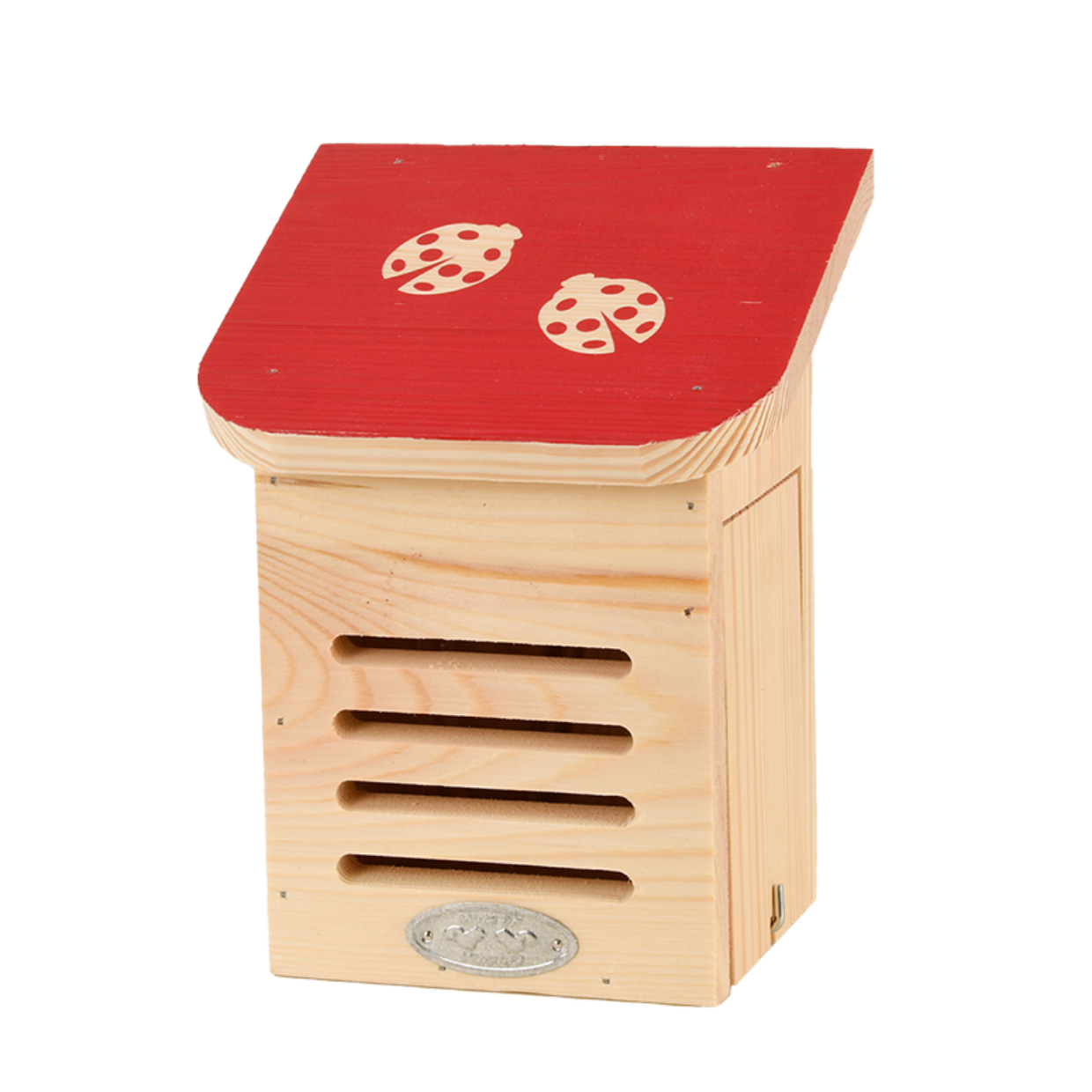 Houten lieveheersbeestjeshuis met rood dak en openingen, met metalen sluitplaat.