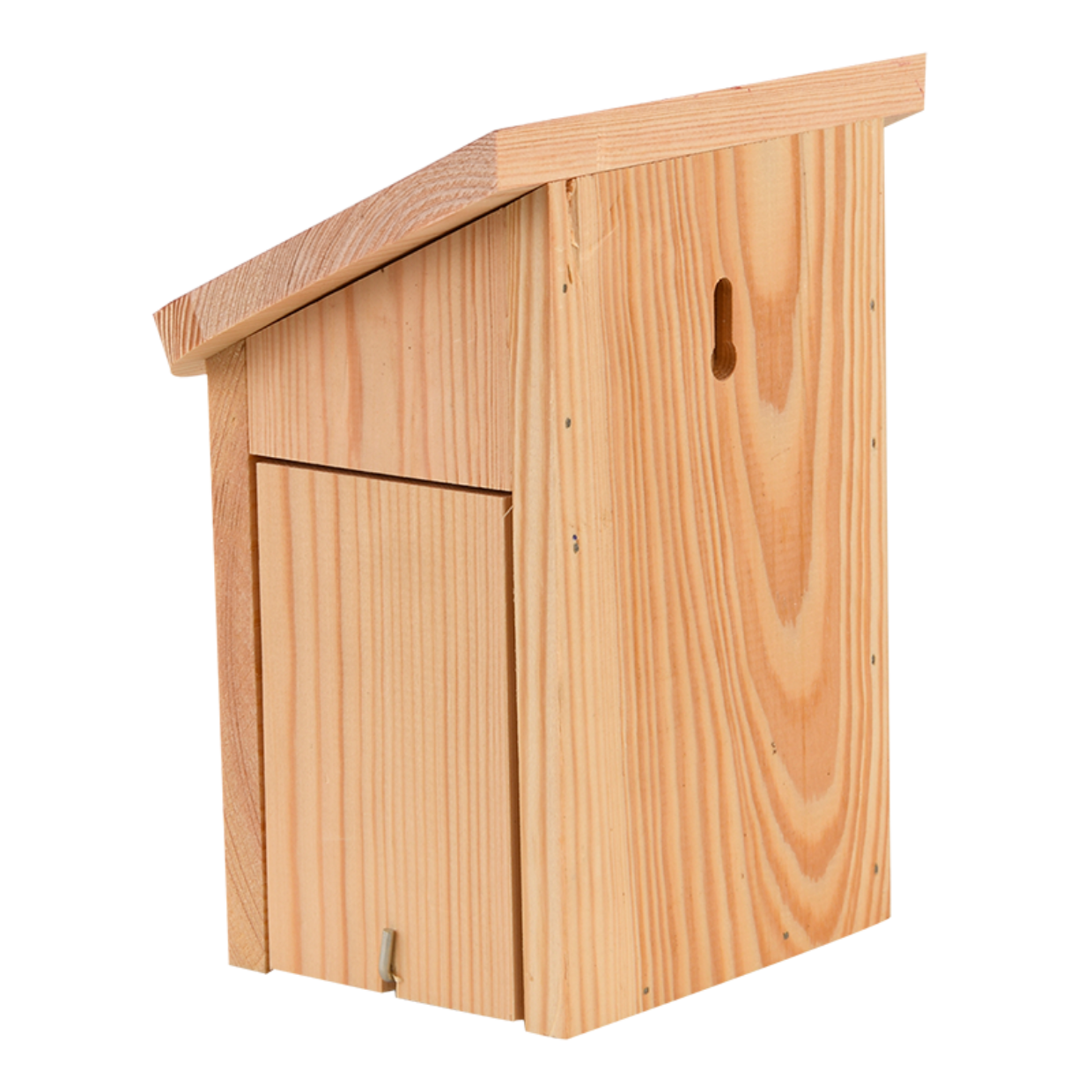 Houten lieveheersbeestjeshuis zijaanzicht met ingang en ventilatieopeningen.
