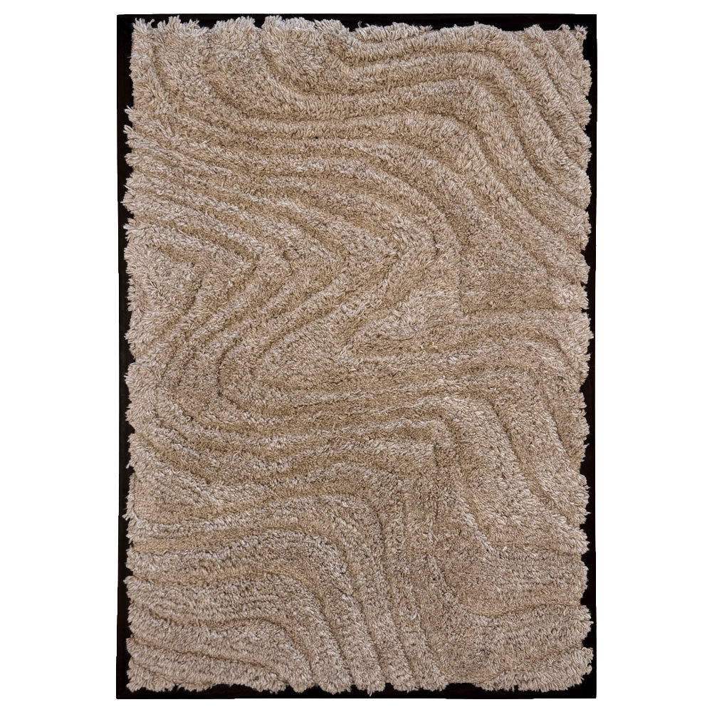 Wanddecoratie van wol, beige vierkante textuur met golvende patronen en franjerand.