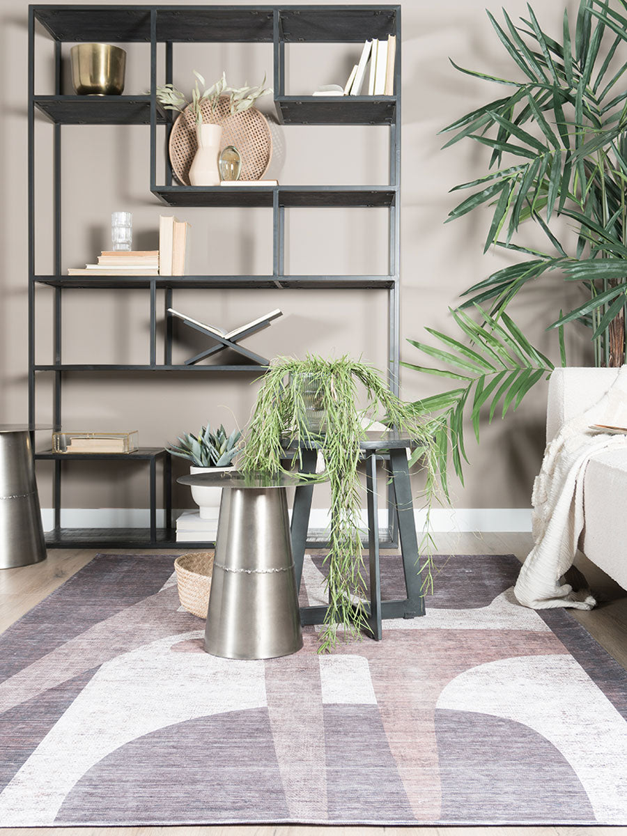 Vloerkleed met grijs-wit abstract patroon en afgeronde vormen, rechthoekig tapijt