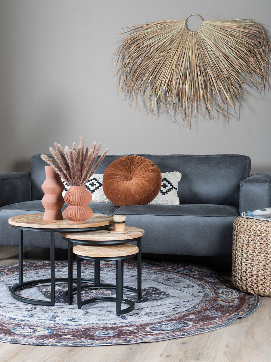 Rond vloerkleed met kleurrijk geometrisch patroon in antraciet, bruin en beige