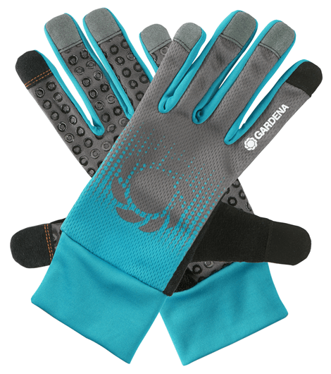 Tuinhandschoenen maat S/7 met teal inzet, zwarte palmmuster en Gardena-logo