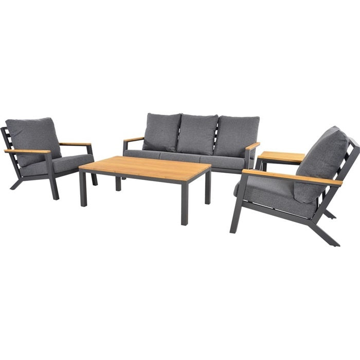 Loungeset met grijze fauteuils en salontafel; houtlook armleuningen, zwart frame