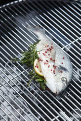 Visfilet op het grillrooster van een zwarte houtskoolbarbecue
